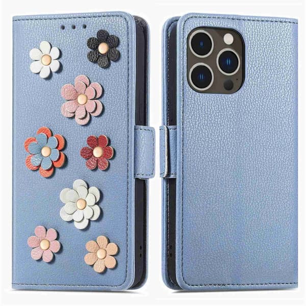 iPhone 14 Pro Max Plånboksfodral Blommor Blå