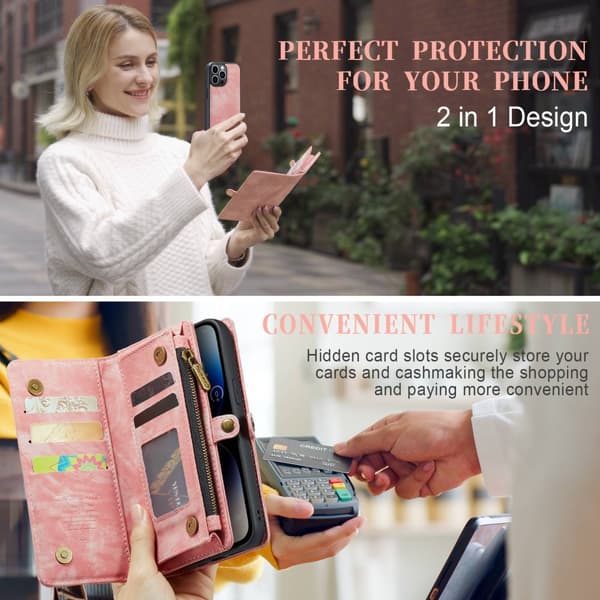 CaseMe Multi-Slot 2 i 1 Plånboksfodral iPhone 14 Pro Rosa