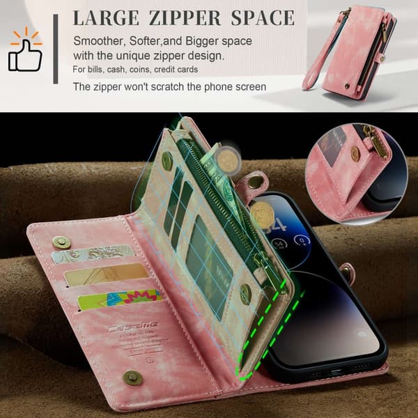 CaseMe Multi-Slot 2 i 1 Plånboksfodral iPhone 14 Pro Rosa