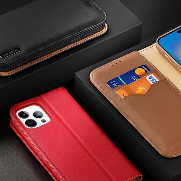 Dux Ducis iPhone 14 Pro Plånboksfodral Äkta Läder Hivo Flip - Röd