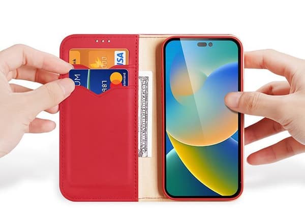 Dux Ducis iPhone 14 Pro Plånboksfodral Äkta Läder Hivo Flip - Röd