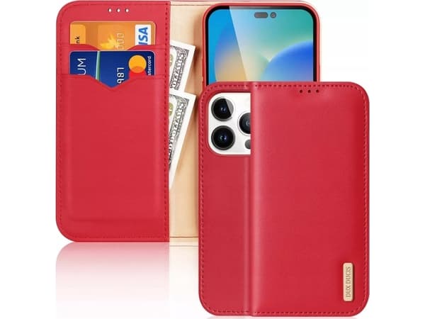 Dux Ducis Hivo läder flip fodral naturligt läder plånbok för kort och dokument iPhone 14 Pro röd