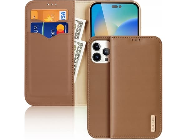 Dux Ducis Hivo Leather Flip Deksel Lommebok i ekte skinn for kort og ID-er iPhone 14 Pro Max Brown