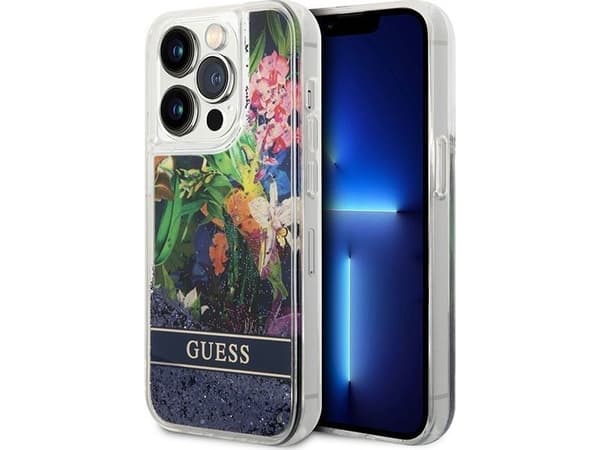Guess-deksel til iPhone 14 Pro Max 6,7" GUHCP14XLFLSB blå hardcase Flower Liquid Glitter