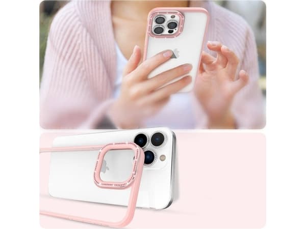 Kingxbar Sparkle Series iPhone 13 Pro Max-deksel med krystaller som holder bakdekselet rosa