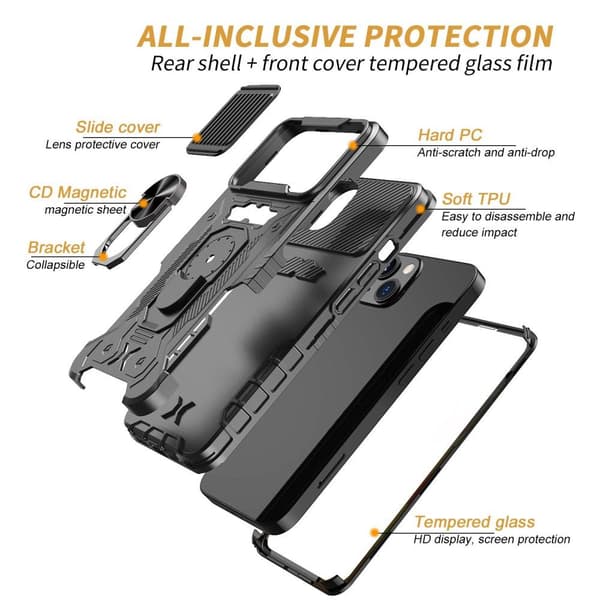 iPhone 14 fuldt cover TPU + PC Kickstand Telefontaske+hærdet glas