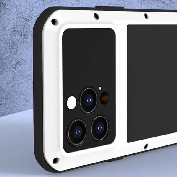 iPhone 14 Pro LOVE MEI Tehokas iskunkestävä kotelo metalli+silikoni+karkaistu lasi