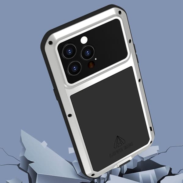iPhone 14 Pro LOVE MEI Tehokas iskunkestävä kotelo metalli+silikoni+karkaistu lasi