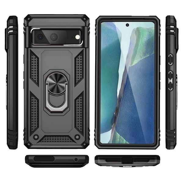 Google Pixel 7 Stødsikker TPU+PC Kickstand Telefontaske Bilmonteret Metalplade - Sort