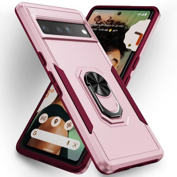 Google Pixel 7 Pro Stødsikker TPU+PC Kickstand Telefonetui Bilmonteret Metalplade - Lyserød