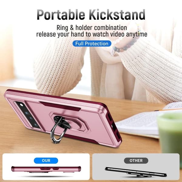 Google Pixel 7 Pro Stødsikker TPU+PC Kickstand Telefonetui Bilmonteret Metalplade - Lyserød