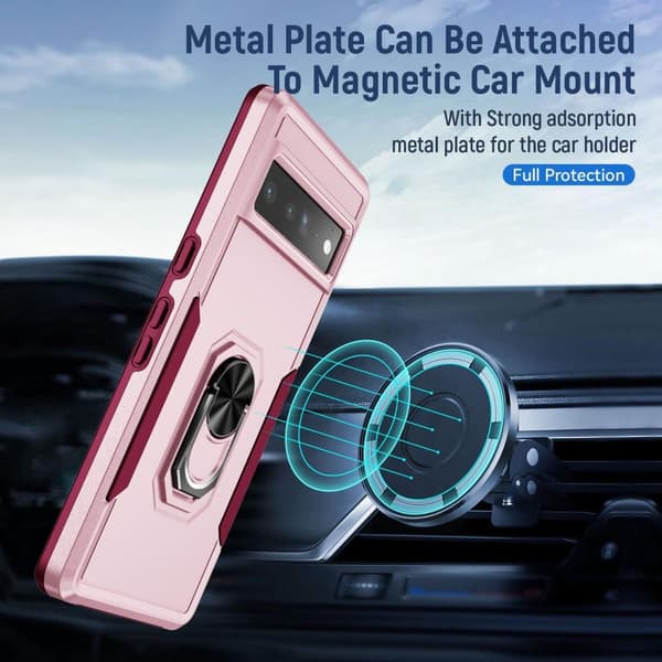Google Pixel 7 Pro Stødsikker TPU+PC Kickstand Telefonetui Bilmonteret Metalplade - Lyserød