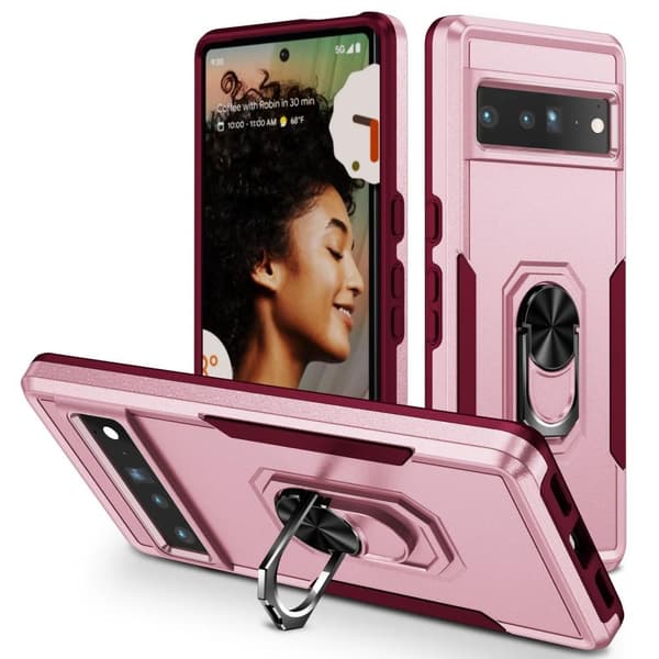 Google Pixel 7 Pro Stødsikker TPU+PC Kickstand Telefonetui Bilmonteret Metalplade - Lyserød