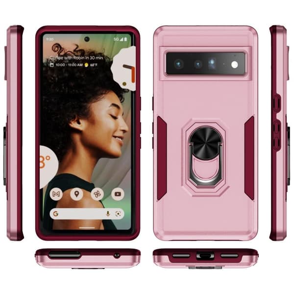 Google Pixel 7 Pro Stødsikker TPU+PC Kickstand Telefonetui Bilmonteret Metalplade - Lyserød