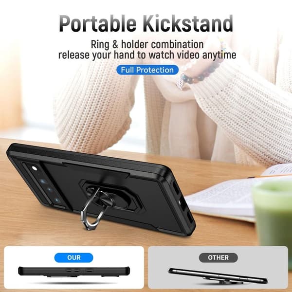 Google Pixel 7 Pro Stødsikker TPU+PC Kickstand Telefontaske Bilmonteret Metalplade - Sort