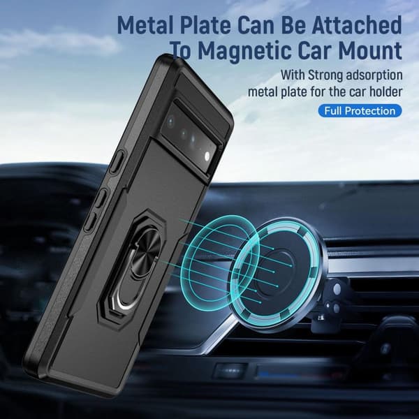 Google Pixel 7 Pro Stødsikker TPU+PC Kickstand Telefontaske Bilmonteret Metalplade - Sort