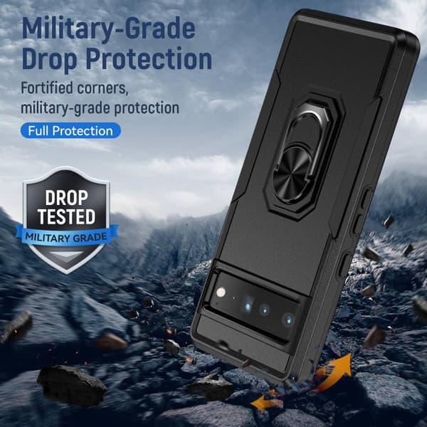 Google Pixel 7 Pro Stødsikker TPU+PC Kickstand Telefontaske Bilmonteret Metalplade - Sort