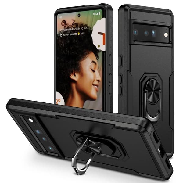 Google Pixel 7 Pro Stødsikker TPU+PC Kickstand Telefontaske Bilmonteret Metalplade - Sort