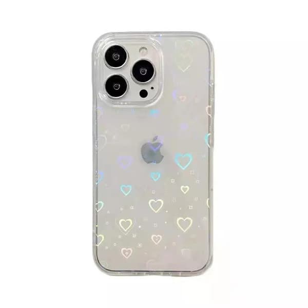 Holografinen kansi iPhone 14:lle 3D-sydämillä, läpinäkyvä valkoinen