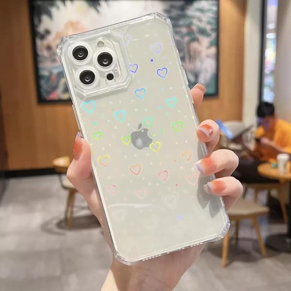Holografinen kansi iPhone 14:lle 3D-sydämillä, läpinäkyvä valkoinen