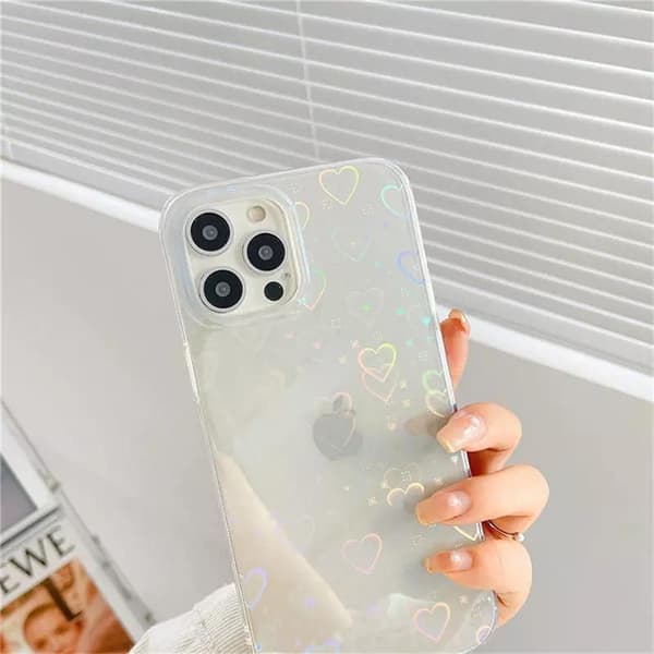 Holografinen kansi iPhone 14 Pro Maxlle 3D-sydämillä, läpinäkyvä valkoinen