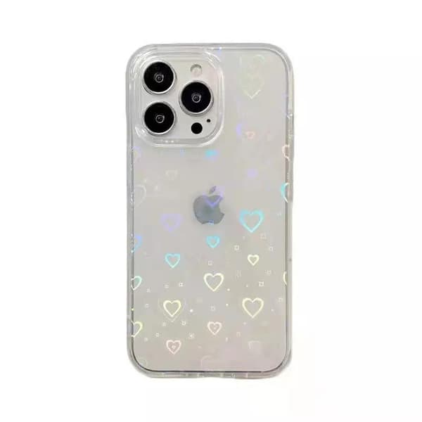 Holografinen kansi iPhone 14 Pro Maxlle 3D-sydämillä, läpinäkyvä valkoinen
