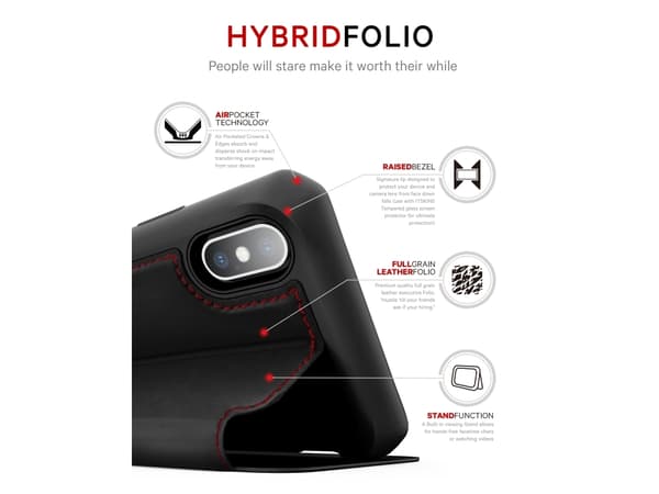 ITSKINS HYBRID // FOLIO - Lommebok for mobiltelefon - helnarvet lær - svart, rød - 6.5" - for Apple iPhone XS Max