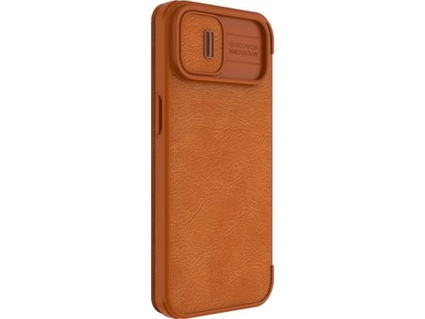 Nillkin Qin Nahka Pro Case iPhone 14 Plus kamera kansi holsteri tapauksessa flip kansi ruskea