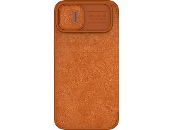 Nillkin Qin Nahka Pro Case iPhone 14 Plus kamera kansi holsteri tapauksessa flip kansi ruskea