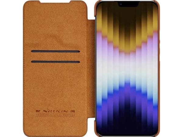 Nillkin Qin Nahka Pro Case iPhone 14 Plus kamera kansi holsteri tapauksessa flip kansi ruskea