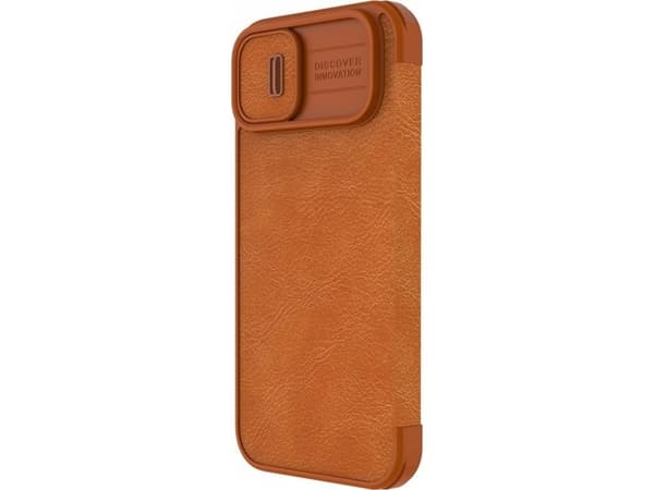 Nillkin Qin Nahka Pro Case iPhone 14 Plus kamera kansi holsteri tapauksessa flip kansi ruskea