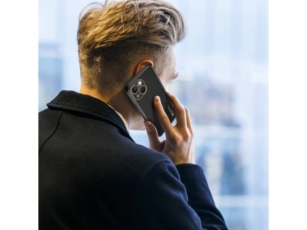 Dux Ducis Yolo iPhone 14 Plus-deksel, elegant svart økologisk skinndeksel