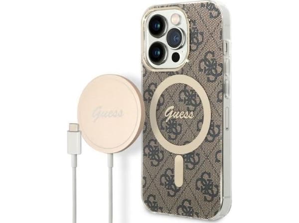 Guess Bundle Pack MagSafe 4G - etui + lader MagSafe iPhone 14 Pro (brun/gull)