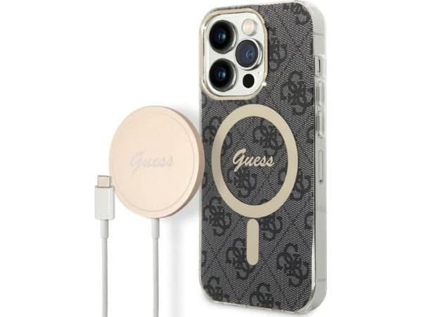 Guess Bundle Pack MagSafe 4G - kotelo + laturi MagSafe iPhone 14 Pro Max (musta/kulta)
