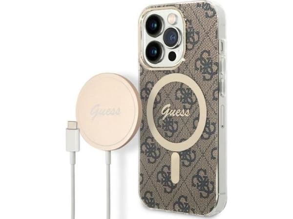 Set Guess GUBPP14XH4EACSW Kotelo + Laturi iPhone 14 Pro Max 6.7" ruskea/ruskea kova kotelo 4G tulosta MagSafe