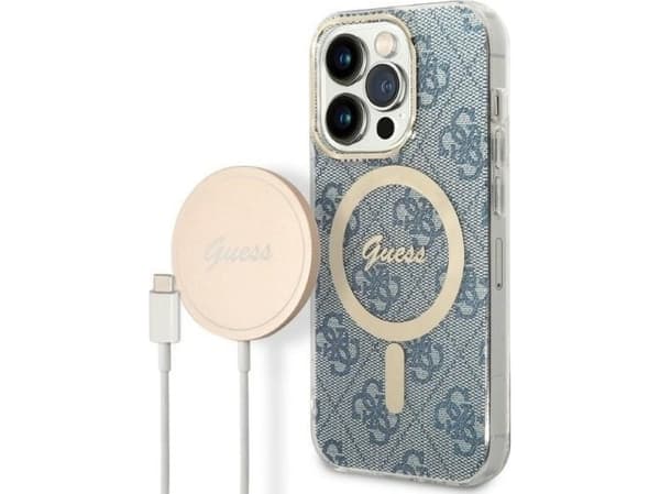 Guess Bundle Pack MagSafe 4G - etui + lader MagSafe iPhone 14 Pro (blå/gull)