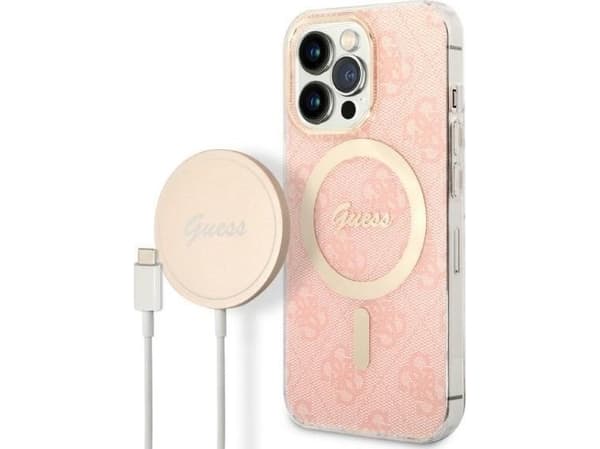 Guess-lader Guess-etui + trådløs lader GUBPP13LH4EACSP Apple iPhone 13 Pro rosa/rosa hardt etui 4G Print MagSafe