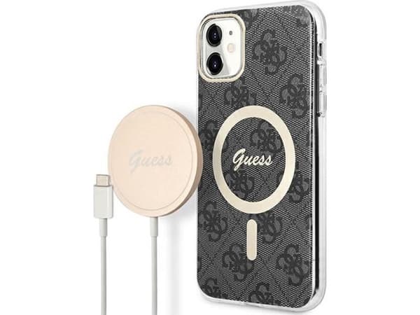 Guess Set GUBPN61H4EACSK Case + Charger iPhone 11 6.1" Black Hard Case 4G Print MagSafe