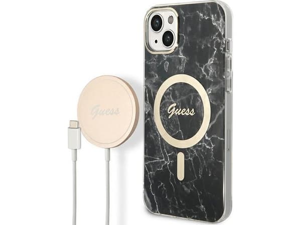 Guess Bundle Pack MagSafe IML Marble - Deksel + lader MagSafe iPhone 14 Plus (svart/gull)