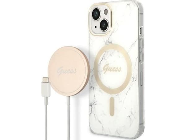 Guess Bundle Pack MagSafe IML Marble - etui + lader MagSafe iPhone 14 Plus (hvit/gull)