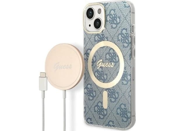 Guess Bundle Pack MagSafe 4G - etui + lader MagSafe iPhone 14 (blå/gull)
