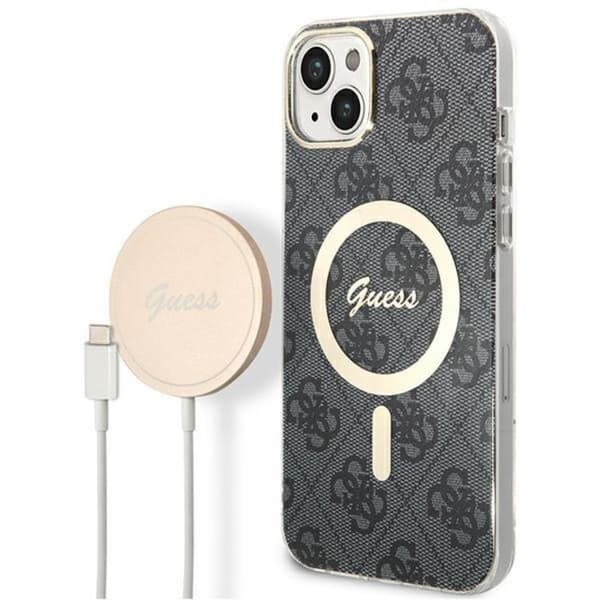 GUESS iPhone 14 Magsafe Skal 4G Print + Trådlös Laddare - Svart