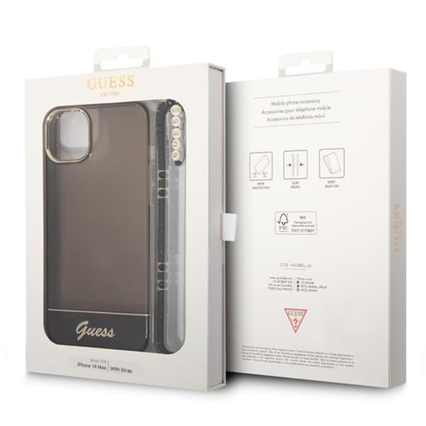 GUESS iPhone 14 Plus Skal Translucent Pearl Strap - Svart