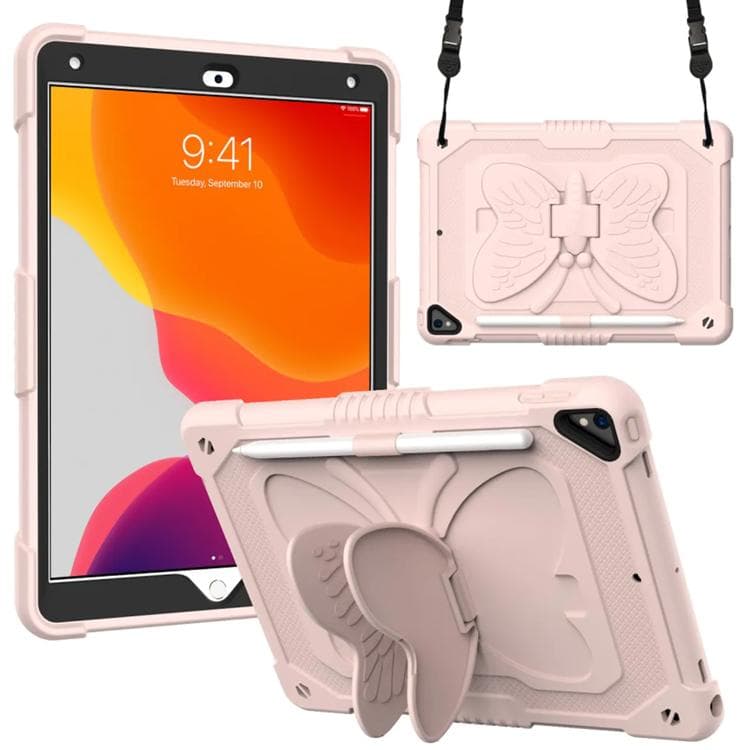 iPad 10.2 (2019/2020/2021) Skal Butterfly Hybrid med Axelrem - Rosa
