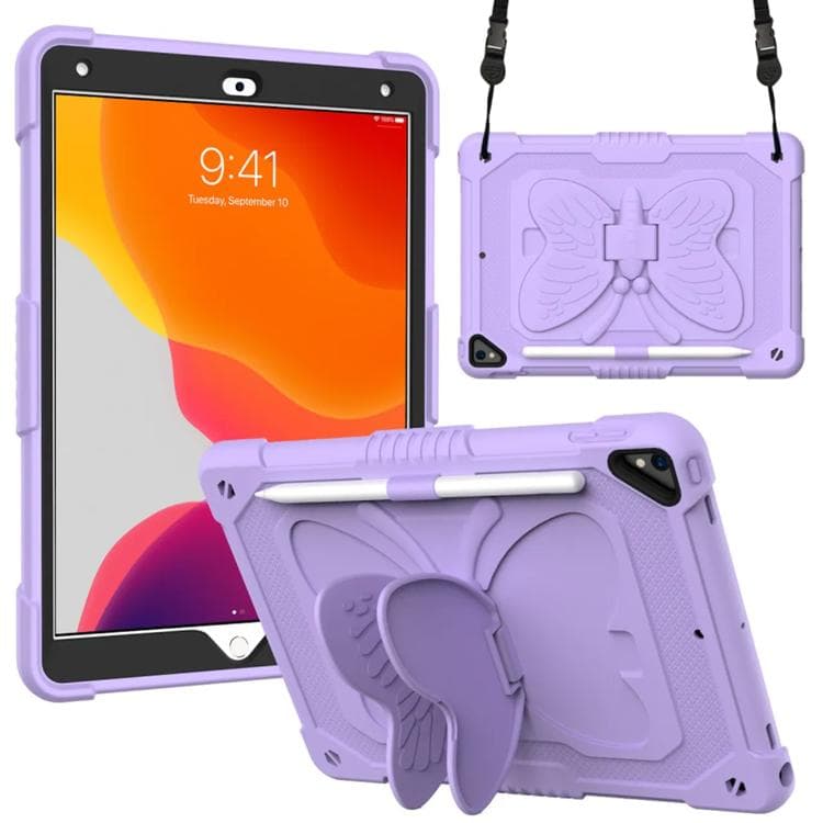 iPad 10.2 (2019/2020/2021) Skal Butterfly Hybrid med Axelrem - Lila