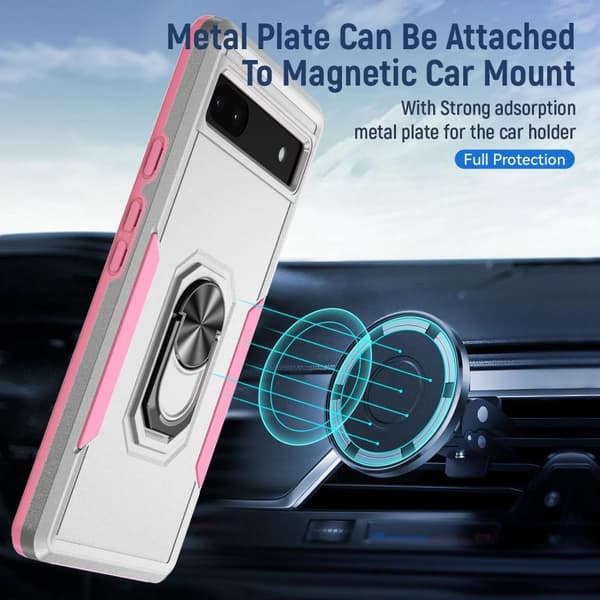 Google Pixel 6A Stødsikker TPU+PC Kickstand Telefonetui Bilmonteret Metalplade - Hvid/Lyserød