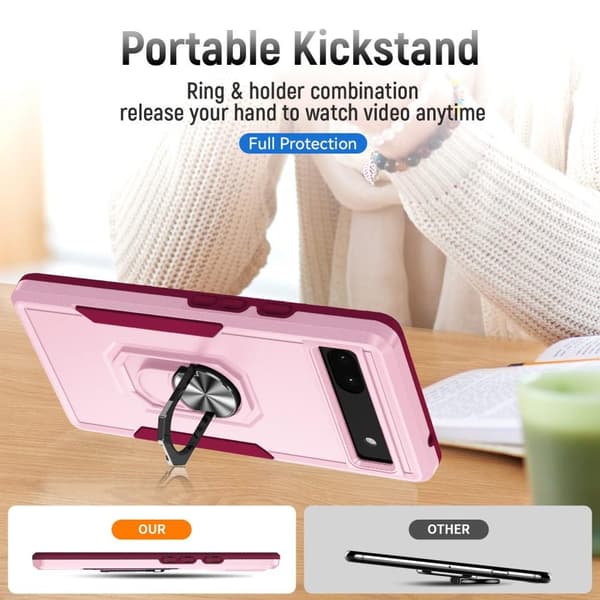Google Pixel 6A Stødsikker TPU+PC Kickstand Telefontaske Bilmonteret Metalplade - Lyserød