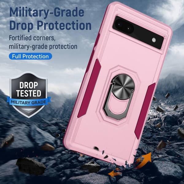 Google Pixel 6A Stødsikker TPU+PC Kickstand Telefontaske Bilmonteret Metalplade - Lyserød