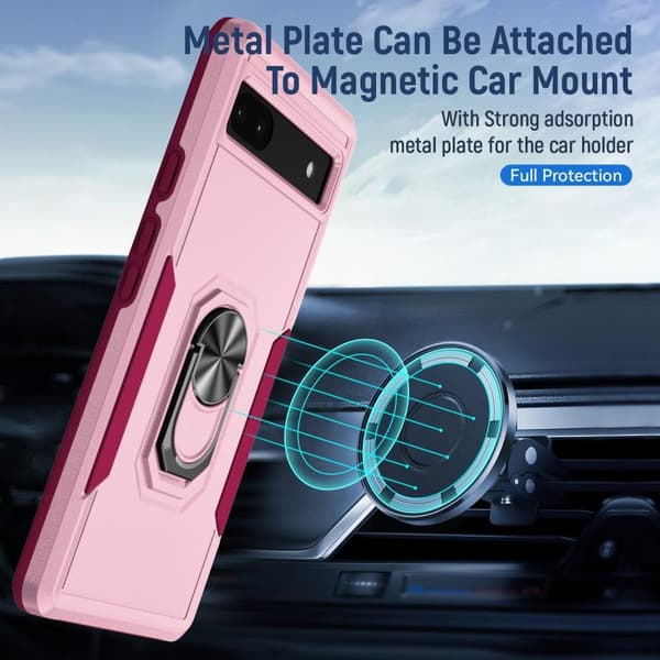 Google Pixel 6A Stødsikker TPU+PC Kickstand Telefontaske Bilmonteret Metalplade - Lyserød