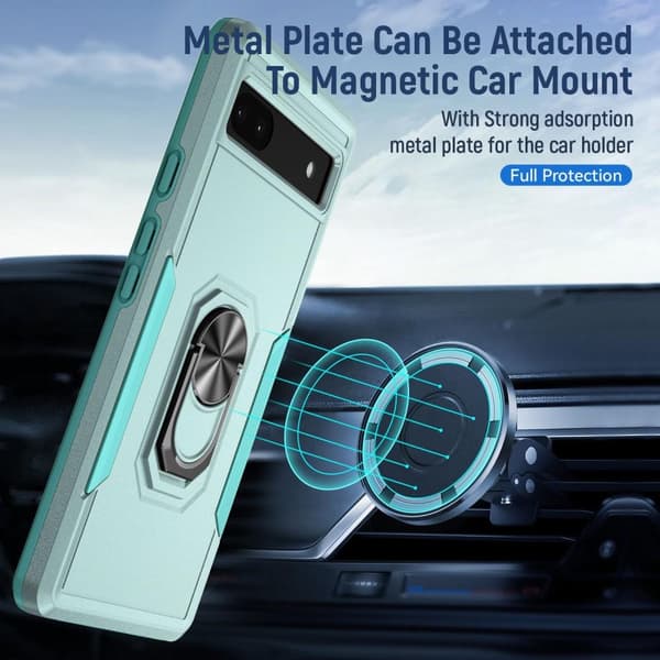 Google Pixel 6A Stødsikker TPU+PC Kickstand Telefontaske Bilmonteret Metalplade - Grøn